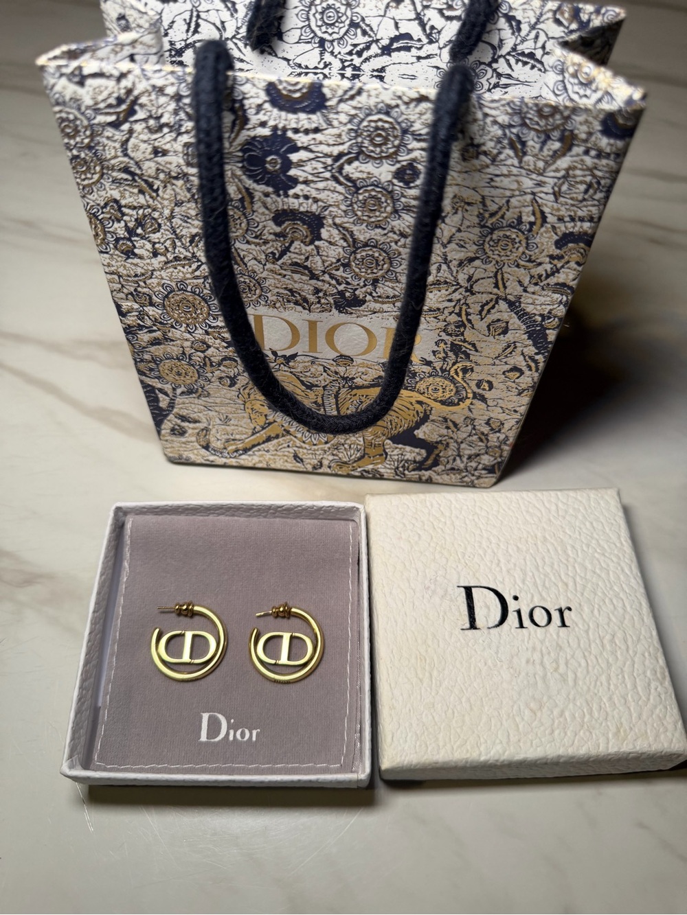 Dior CD Logo Gold Hoop Earrings w/ Box + Bag